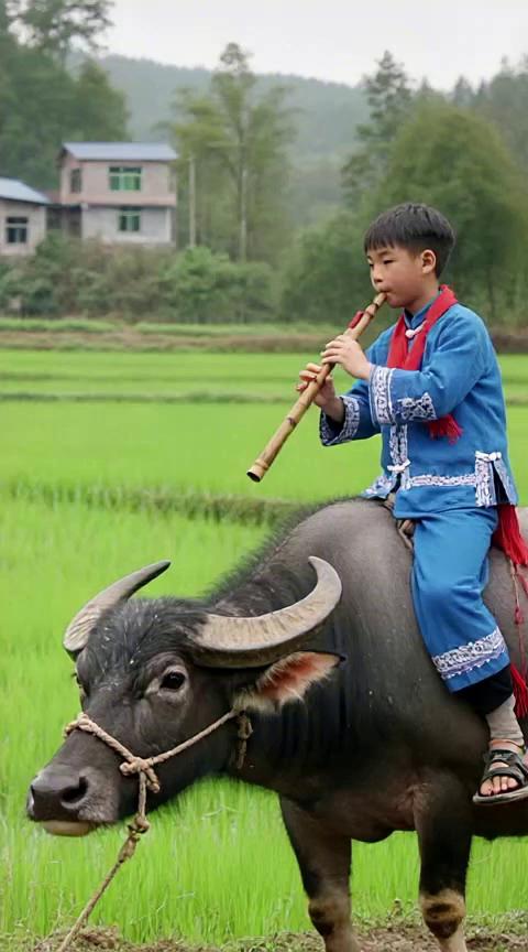 一个中国农村放牛娃骑着一头中国水牛在吹笛子