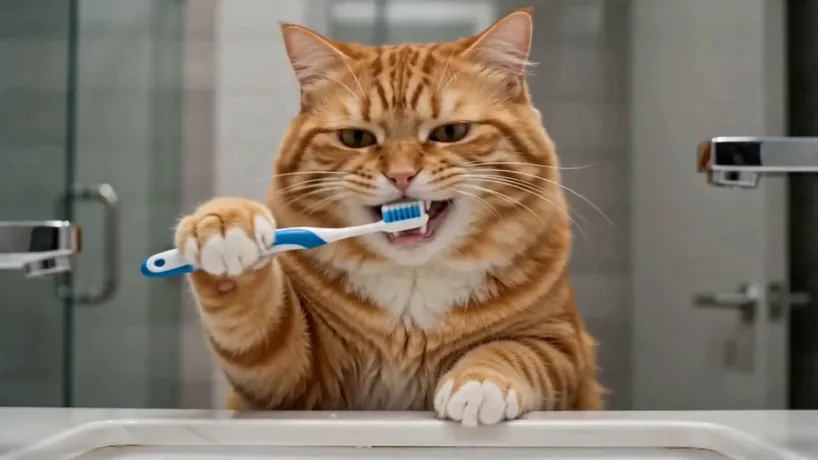 Cinematic pet vlog, anthropomorphic orange cat morning routine, shot on iPhone 15 Pro, natural soft lighting, photorealistic VFX texture, fast-paced and humorous atmosphere.
S1: Close-up, eye-level, static. A fluffy orange tabby cat stands at a bathroom sink, holding a toothbrush in its paw, brushing its teeth with a sleepy expression.
S2: Medium close-up, eye-level, static. The cat covers its face with a white towel, rubbing its cheeks vigorously as water drips from the modern faucet.
S3: Medium shot, eye-level, static. Sitting at a kitchen table, the cat happily takes a huge bite out of a slice of toast.
S4: POV shot, looking down, moving forward fast. Furry orange paws walk rapidly across the gray tiled floor of a subway station.
S5: Full shot, eye-level, static. The cat stands on its hind legs inside a moving subway car, holding the handrail, surrounded by oblivious human passengers.