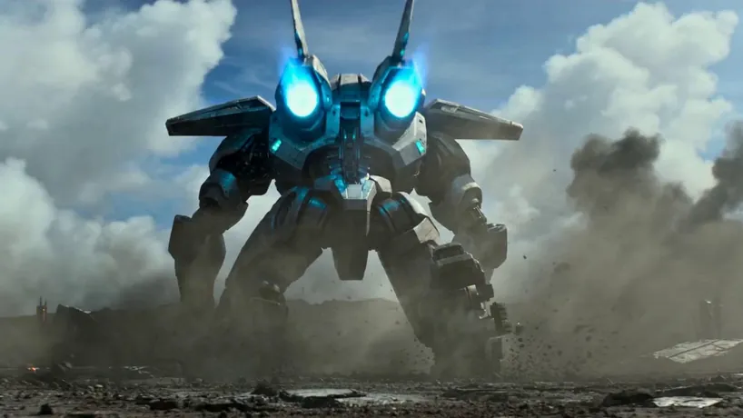Sci-fi cinematic VFX action shot on Arri Alexa Mini with high-speed cine lenses, featuring a sleek titanium-alloy mecha with glowing cyan thrusters and weathered combat armor. The shot begins at a low-angle ground level as the mecha crouches, thrusters roaring with blinding light and creating a massive shockwave of dust and debris. As it erupts into a vertical takeoff, the camera performs a dynamic gimbal tracking motion, accelerating rapidly to follow the warrior into the stratosphere. The mecha stabilizes mid-air, shifting its plating for aerodynamic flight, while the camera maintains a high-speed chase perspective through swirling clouds. The sequence concludes with a thunderous sonic boom and a sharp lens flare as the mecha streaks toward the horizon at hypersonic speeds, leaving a glowing vapor trail. The atmosphere is intense and exhilarating with a rapidly accelerating rhythmic pace.