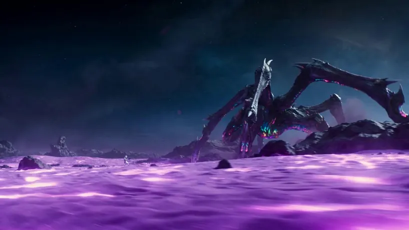 Epic sci-fi VFX battle, shot on Arri Alexa 65 with anamorphic lenses, featuring hyper-realistic textures, neon bioluminescence, and a frantic, high-stakes cinematic pace.
S1: Low-angle wide tracking shot across a glowing purple desert, showing a futuristic astronaut in sleek white armor engaging a multi-limbed, towering bioluminescent predator.
S2: Eye-level handheld whip-pan following the astronaut sliding under a massive claw, firing a high-intensity pulse rifle that illuminates the swirling dust and rocky craters.
S3: Extreme close-up of the astronaut’s cracked visor reflecting a blinding plasma explosion, capturing intense facial strain and sweat visible through the reinforced glass.
S4: Dramatic crane shot pulling back as a massive energy shockwave ripples through the alien atmosphere, knocking the creature back while the astronaut stands amidst floating debris.