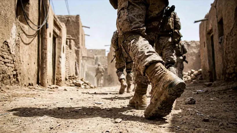 15s cinematic war film shot on ARRI Alexa 65. The camera follows a squad of soldiers in desert camouflage and tactical gear advancing cautiously through a dusty, narrow alleyway in a ruined Middle Eastern city. Suddenly, a chaotic explosion erupts, sending dust everywhere as the soldiers take defensive positions against a wall riddled with bullet holes. The camera tracks them moving through the smoky debris into a dark, dilapidated building illuminated by striking volumetric god rays piercing through the collapsed roof. The sequence concludes with a slow pull-back shot showing the soldiers standing in silhouette on a rooftop, overlooking the sprawling, hazy, war-torn city during a golden sunset. The atmosphere is tense and gritty, featuring harsh natural lighting and a methodical, suspenseful pacing.
