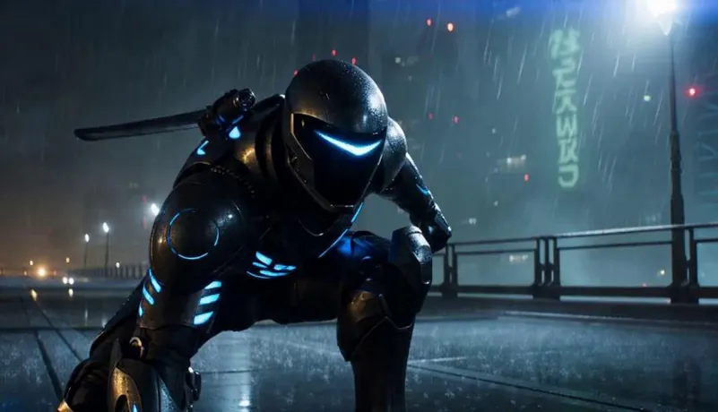 Positive Prompt Original mecha stealth action short series. On a high-altitude platform in a futuristic industrial city, a mecha ninja and a heavy-armored enemy engage in a final showdown on the eve of a storm. The character charges at high speed, draws a blade, leaps, and lands. Cameras use low-angle tracking, lateral movement, slow motion, and ultra-wide-angle shots. Neon lights pierce through the rain, strong reflections on metal surfaces, intense impact sensation, resembling the climactic battle in a season finale. Strong hook in the first 2 seconds, stable subject, smooth action, cinematic composition, realistic lighting, epic atmosphere, intense emotion, high-definition details, optimized for social media. Fully original designs, no copyrighted characters, no brand logos. Negative Prompt No famous ninja IPs, no existing weapon names, no family crests, no armor designs from known mecha works.