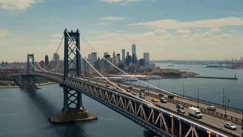15s cinematic disaster film shot on ARRI Alexa 65. A colossal cat<<<Image1>>> emerges from the ocean behind a bustling suspension bridge. The camera tilts up as the giant cat raises its massive paw. It forcefully strikes the bridge, causing a massive structural collapse with fiery explosions, sparks, and billowing smoke as cars plummet. The camera cuts to a close-up of the cat's face. It opens its mouth, revealing a menacing, glowing blue energy forming inside. The lighting is bright natural daylight contrasting with chaotic smoke. The pacing is intense and dramatic, emphasizing epic scale and catastrophic destruction.