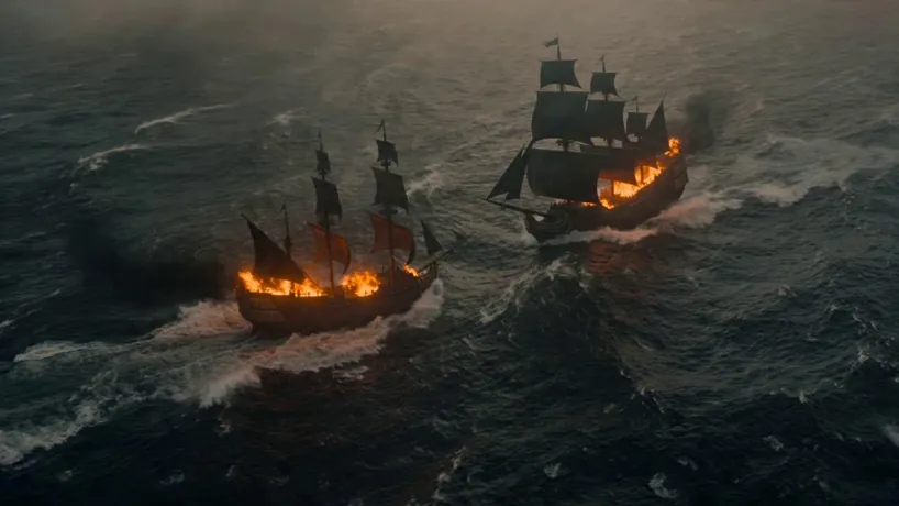 High-octane cinematic VFX action sequence, shot on Arri Alexa 35 with anamorphic lenses, featuring gritty textures, dramatic high-contrast lighting, and an intense, fast-paced epic atmosphere.
S1: Wide drone shot orbiting two massive medieval wooden galleons clashing amidst a violent storm, giant waves crashing and decks engulfed in orange flames.
S2: Low-angle handheld tracking shot of a grizzled knight in scorched plate armor engaging in a fierce sword fight against boarding enemies on a splintering, wet deck.
S3: Close-up with a rapid zoom following a flaming catapult projectile hitting the main mast, triggering a massive cinematic explosion of sparks and wooden debris.
S4: Eye-level tracking shot of a triumphant commander standing at the prow, framed by thick black smoke as the enemy vessel sinks into the dark, churning abyss.