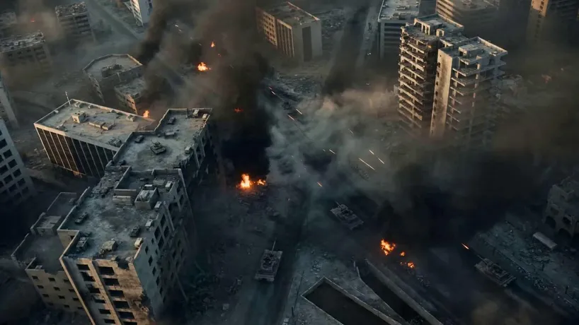 Modern tactical warfare epic, shot on Arri Alexa Mini LF with fast shutter speeds, high-contrast gritty color grade, frantic handheld rhythm, and hyper-realistic atmosphere.
S1: Wide bird's-eye view of urban ruins with modern main battle tanks advancing through thick black smoke and tracer fire.
S2: Low-angle shaky cam following a squad of tactical operators in multicam gear breaching a concrete barrier under heavy suppression fire.
S3: Extreme close-up of a special ops soldier’s soot-stained face, green tactical HUD reflections flickering in his eyes as he shouts into a comms-mic.
S4: Dynamic mid-shot of a shoulder-fired missile launch, capturing the intense backblast and the projectile streaking toward a fortified building.
S5: High-speed POV drone footage diving through a shattered skyscraper window, ending in a massive cinematic fireball that engulfs the screen.
S6: Slow-motion low-angle shot of a soldier silhouetted against a setting sun and rising smoke, signaling a tactical retreat.