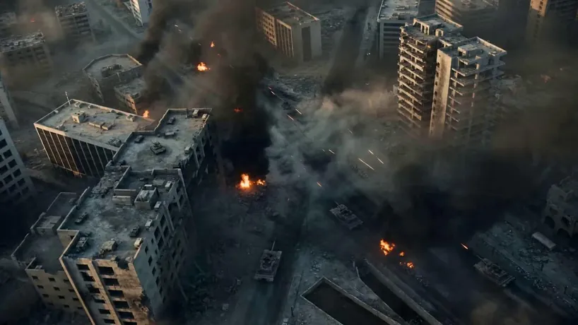 Modern tactical warfare epic, shot on Arri Alexa Mini LF with fast shutter speeds, high-contrast gritty color grade, frantic handheld rhythm, and hyper-realistic atmosphere.
S1: Wide bird's-eye view of urban ruins with modern main battle tanks advancing through thick black smoke and tracer fire.
S2: Low-angle shaky cam following a squad of tactical operators in multicam gear breaching a concrete barrier under heavy suppression fire.
S3: Extreme close-up of a special ops soldier’s soot-stained face, green tactical HUD reflections flickering in his eyes as he shouts into a comms-mic.
S4: Dynamic mid-shot of a shoulder-fired missile launch, capturing the intense backblast and the projectile streaking toward a fortified building.
S5: High-speed POV drone footage diving through a shattered skyscraper window, ending in a massive cinematic fireball that engulfs the screen.
S6: Slow-motion low-angle shot of a soldier silhouetted against a setting sun and rising smoke, signaling a tactical retreat.